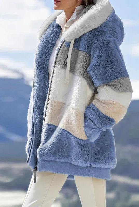 Winter fashion women's coat with hood, zipper, cashmere blend, plaid stitching, in neutral tones, ideal for casual winter wear