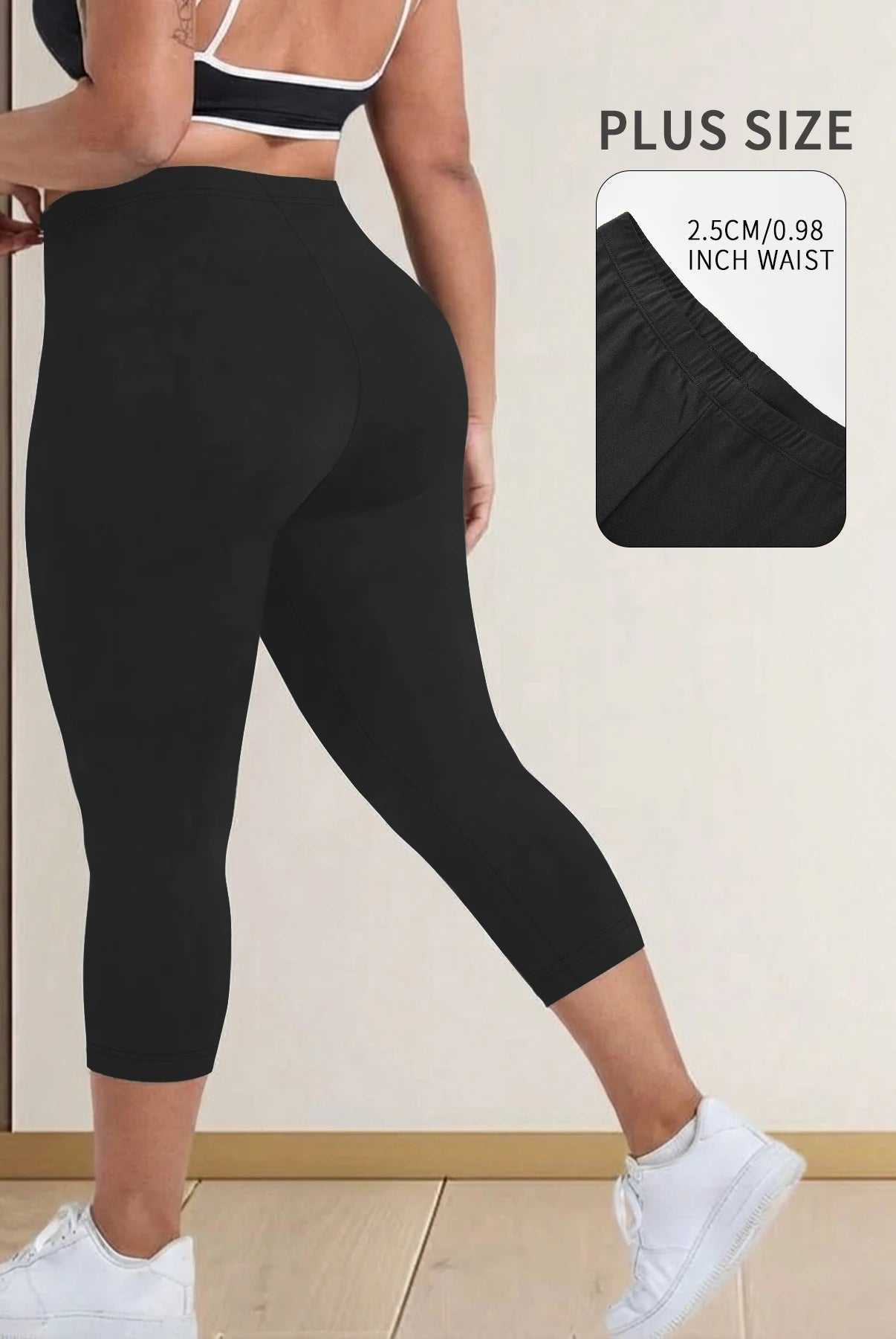 Plus Size Super Soft Capri Pants for Women in black, no see-through workout leggings, shown on a woman with white sneakers.