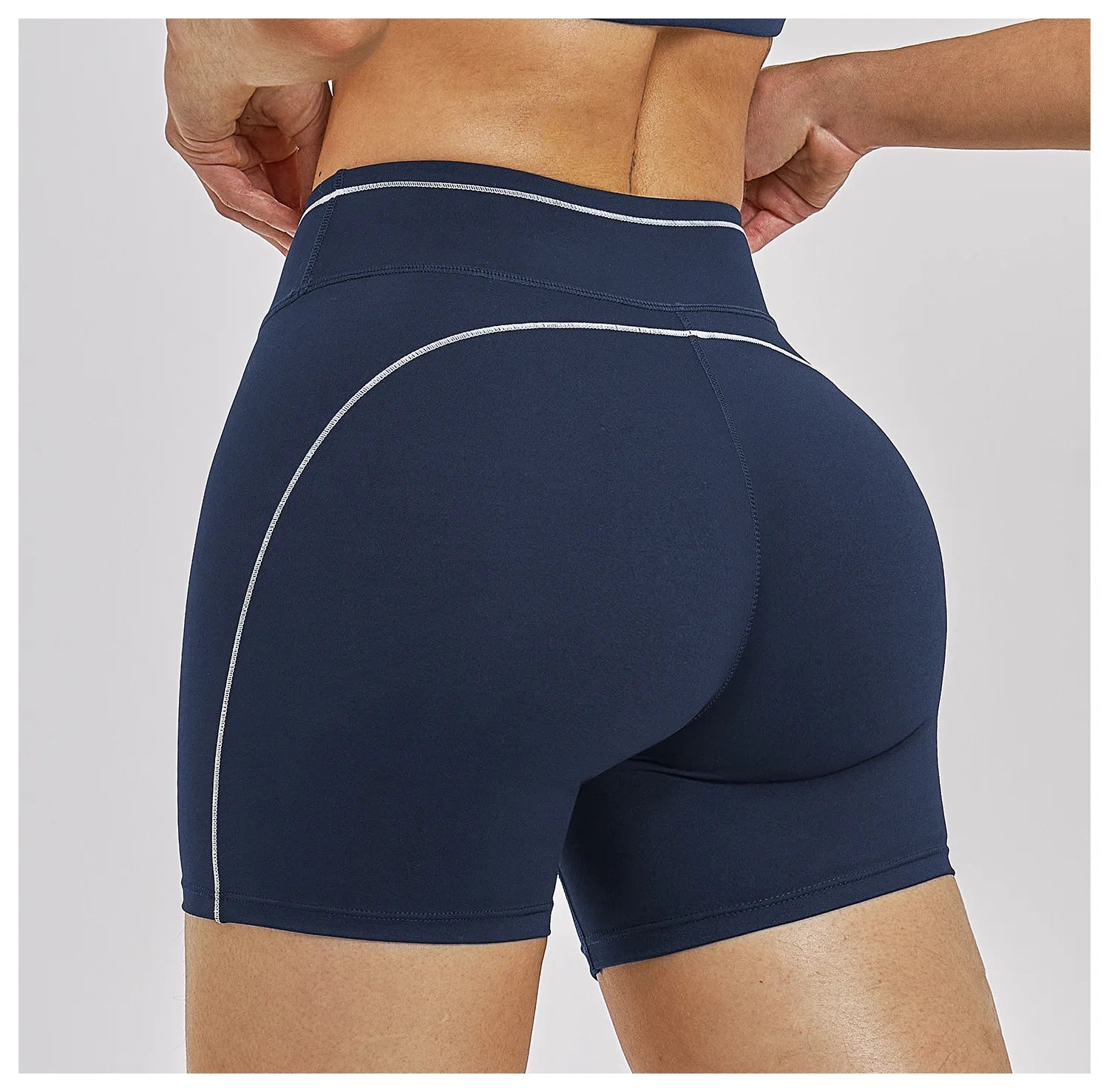 Women Women Running Sports Shorts Buttock Lift Gym Leggings with high waist, navy blue color, white piping, stretch fabric, summer workout wear.