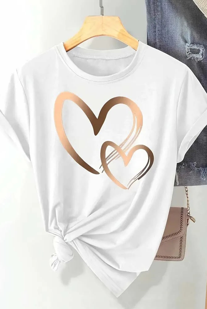 Summer New Fashion Women's Heart Printed T-shirt with gold-tone heart design, casual round neck, short sleeves, white cotton fabric.