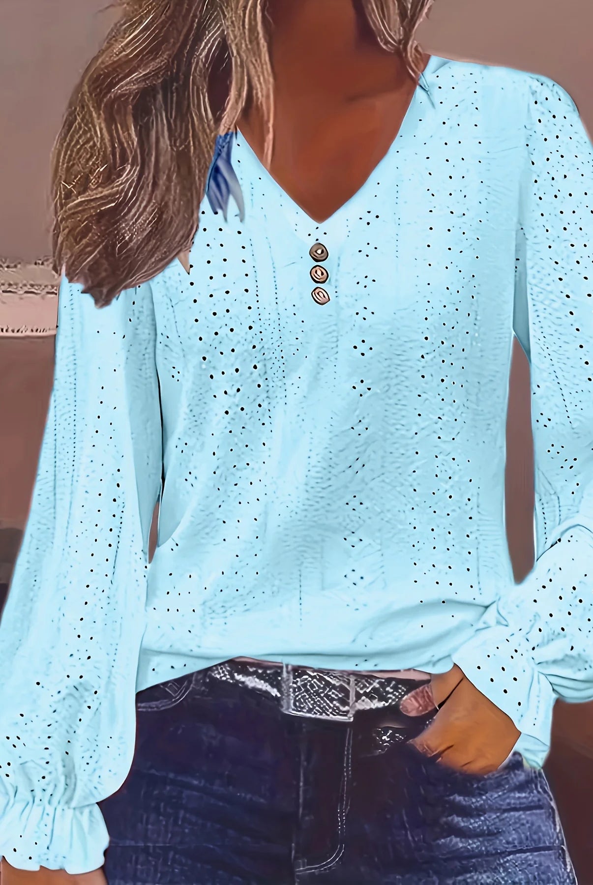 Plus Size Eyelet Button Decor T-Shirt for women, light blue V-neck long sleeve top with dotted eyelet pattern, suitable for