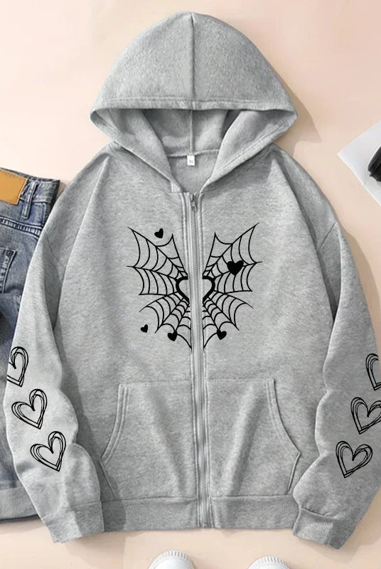 2025 Hot Sale Women's Hoodie with spider web and heart print, gray zip-up sweatshirt, all-season casual urban fashion hooded