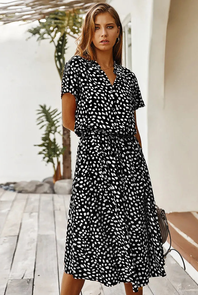Vintage Floral Print Dress Women Boho Short Sleeve Long Dress with Turn-Down Collar, Casual Waistband Shirt Dress for Summer
