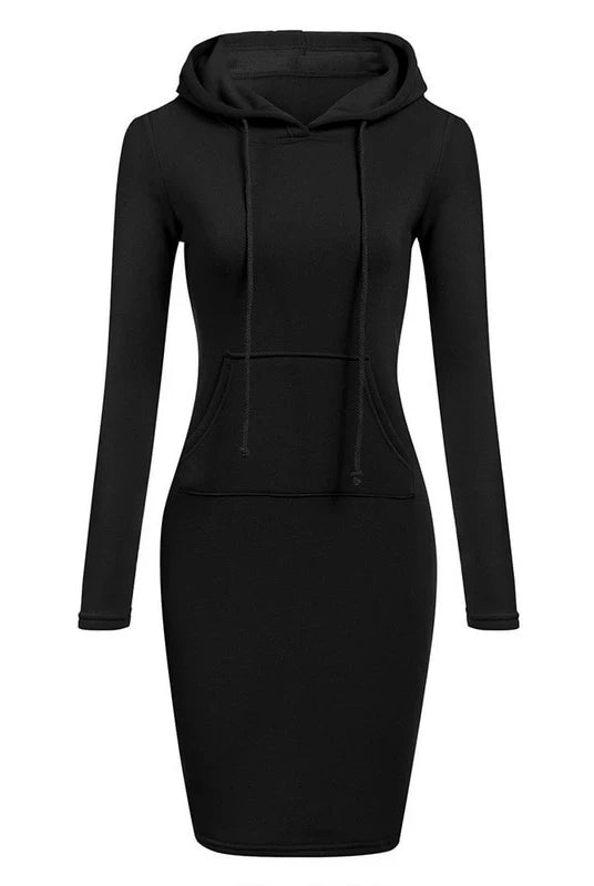 Ladies Dress Autumn Women Hooded Dress Hoodies Sweatshirt in black, long-sleeve, bodycon style made of soft fabric.