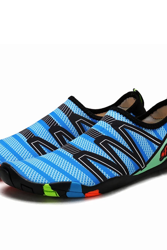 Lager Size Unisex Outdoor Aqua Shoes in blue with black, green, red, and orange accents, designed for barefoot swimming, beach, and indoor fitness.