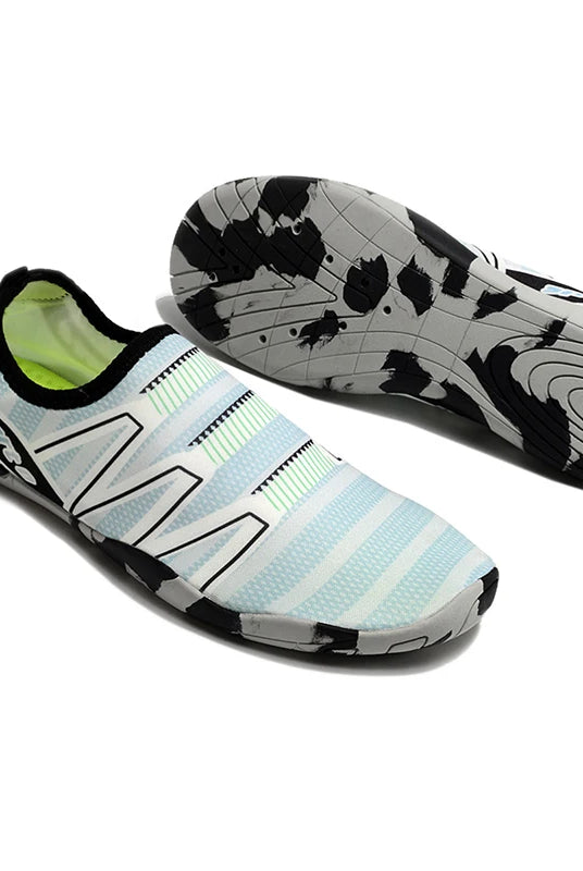 Lager Size Unisex Outdoor Aqua Shoes for beach and swimming, white with black and neon yellow accents, lightweight and flexible for indoor fitness.