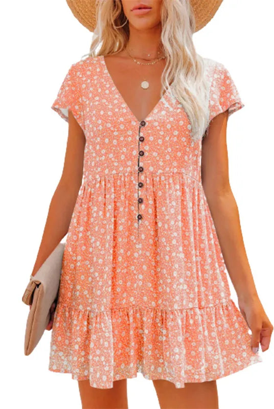 In Europe and the spring and summer independent stand v-neck button small broken flower loose women's leisure dress with short s