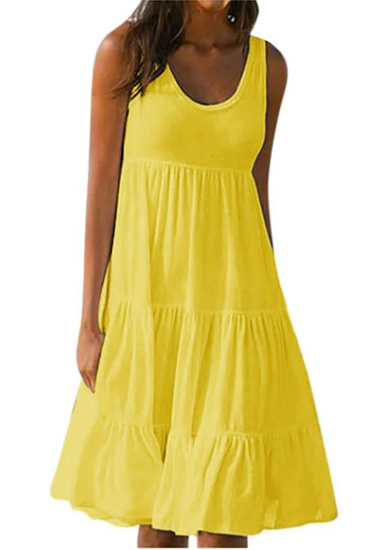 Women Casual Solid Mini Dress 2024 Summer yellow sleeveless sundress with ruffles, loose fit, ideal for beach parties and