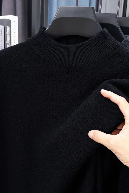 Half turtleneck knitwear sweater for men in solid black, casual autumn/winter mock neck pullover, brand clothing.