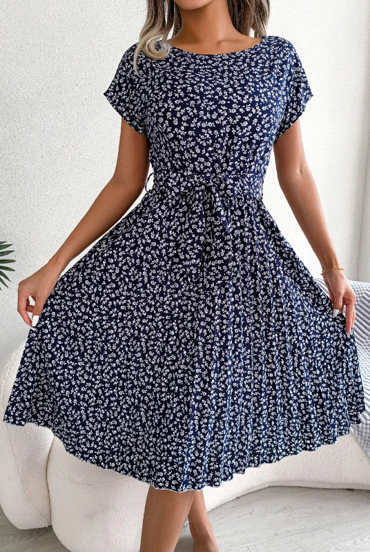 Gaun Berlipat Floral Wanita gaun midi perban ruched lengan pendek leher-o kasual musim panas gaun boho chic A-line pantai
