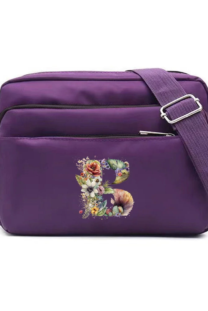 Leisure Purple One Shoulder Crossbody Bag with floral letter series printing, large capacity, adjustable strap, suitable for