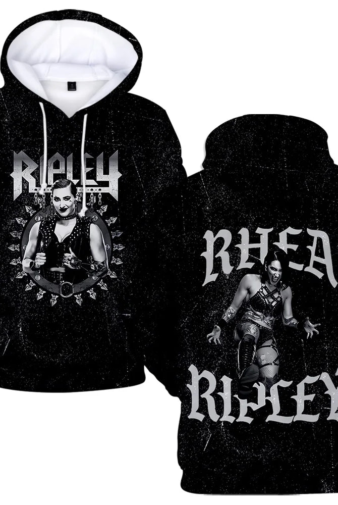 Rhea Ripley Hoodie Merch for women and men featuring black fabric with grayscale graphic of Rhea Ripley and bold text, streetwear style.