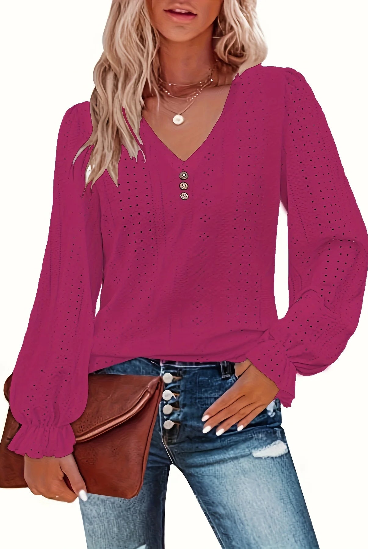 Plus Size Eyelet Button Decor T-Shirt for Women in fuchsia with black eyelet details, long sleeves, V-neck, casual spring