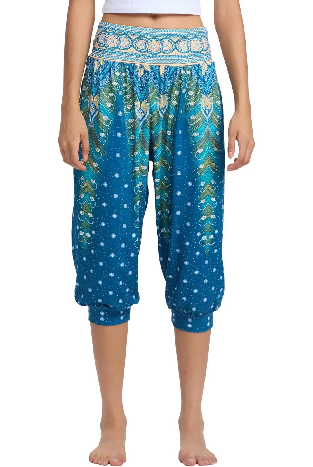 Women's Summer Loose Capri Pants Retro Printed Casual Sports Pants Yoga Pants with Pockets in blue with floral and polka dot