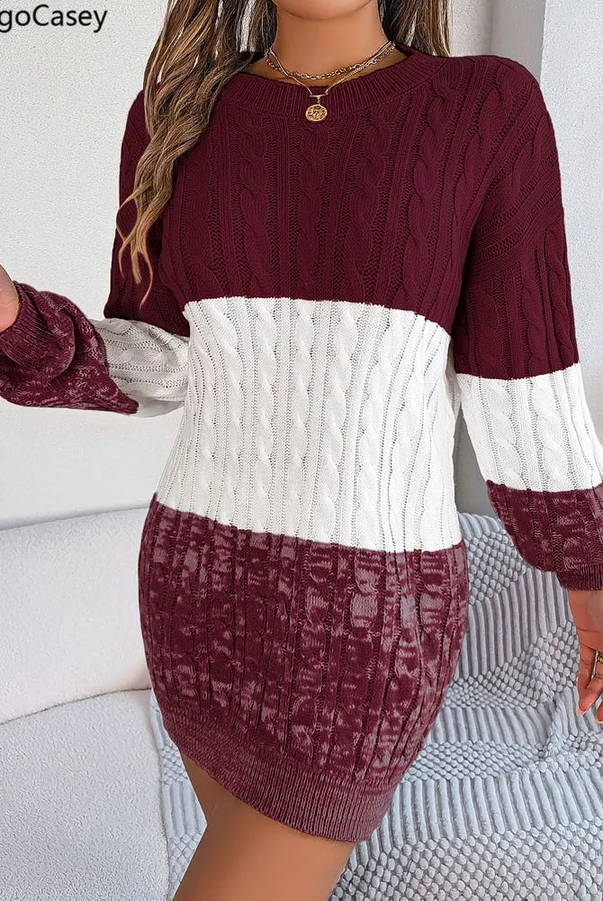 VigoCasey 2025 casual solid patchwork knit dress for women, long sleeve, bodycon fit, in burgundy and white, suitable for