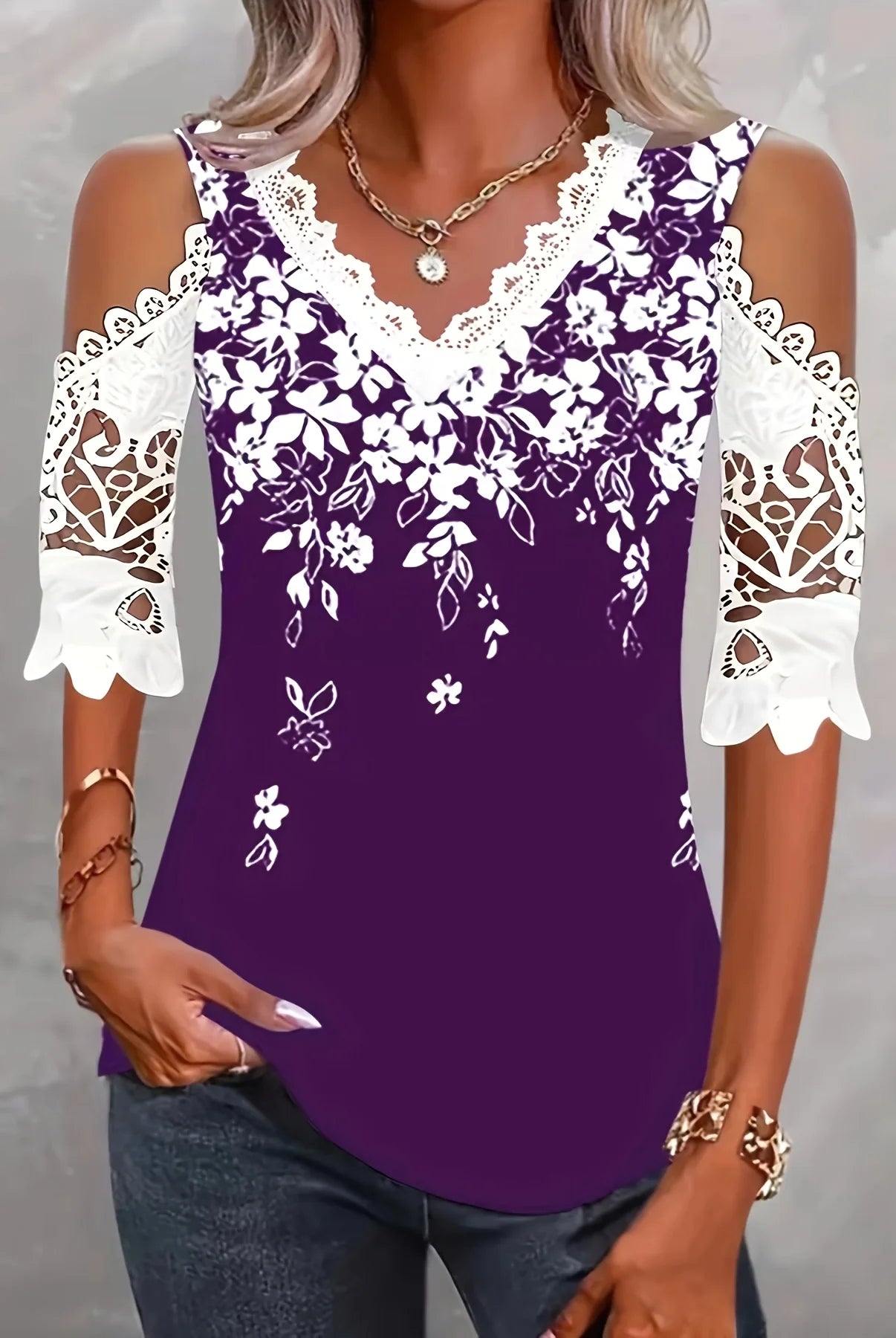 Large size women's fashionable temperament lace patchwork V-neck print off shoulder sleeves lace patchwork top in purple and