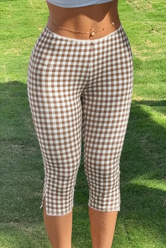 Women Capri Pants Elastic High Waist 3/4 Length Slim Fit Trousers with plaid print, slit cropped design, suitable for casual