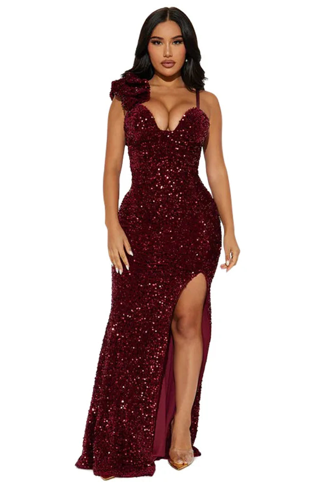 HBLL Sexy Black Red Sequined Split Long Maxi Dress with spaghetti straps, thigh-high slit, shiny evening party design.