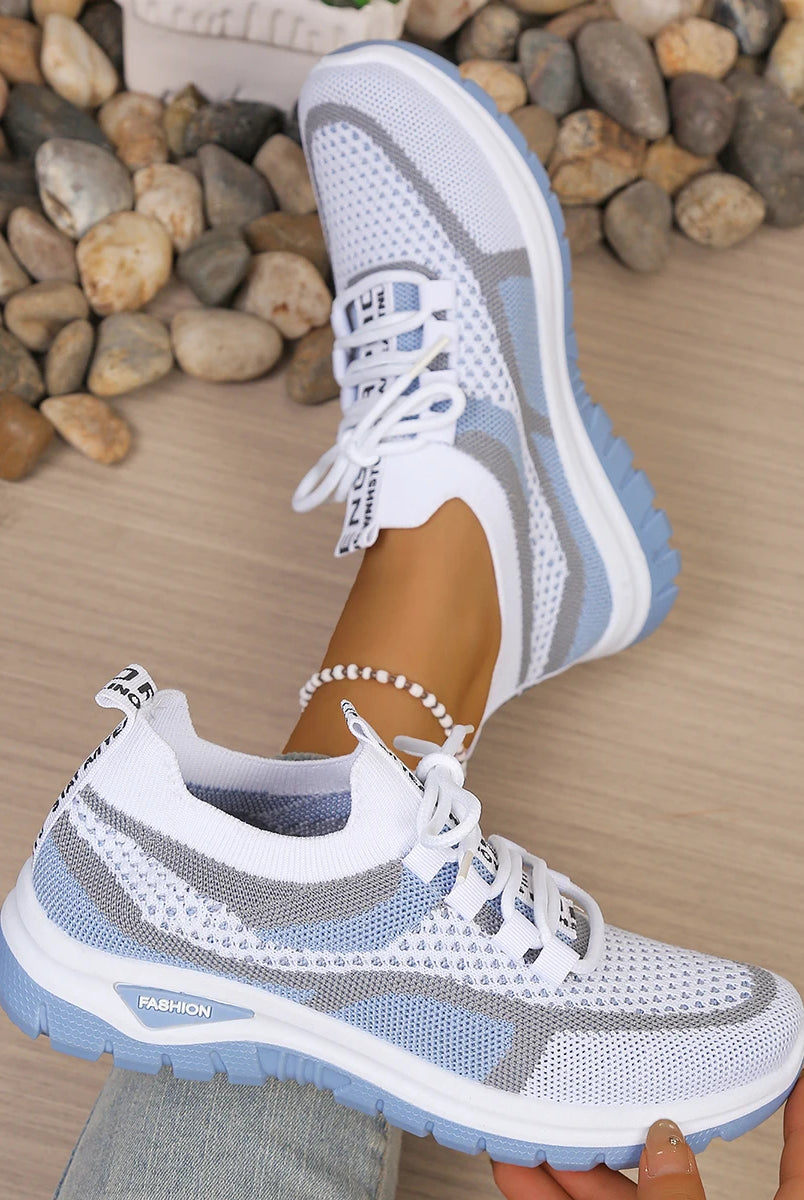 Women's summer 2026 casual sneakers with white, gray, and light blue two-tone design, breathable mesh upper, PVC soft sole.