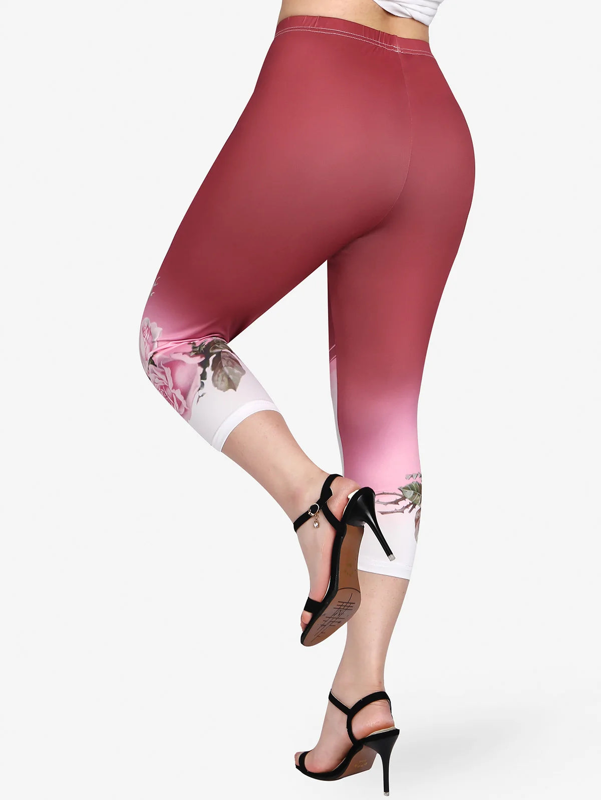 ROSEGAL Plus Size 3D printed floral graphic outfit with colorblock suit, pink and white capri leggings, and black high heels.