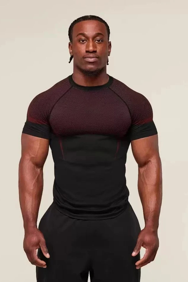 ONYX V5 Agate Fitness T-shirt with SHARK logo, black and red elastic short-sleeve men's and women's gym top for workouts.