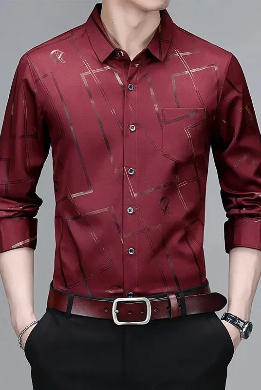 Men's Casual and Fashionable Long Sleeved Printed Shirt in deep red with geometric patterns, wrinkle-resistant, non-ironing business top.