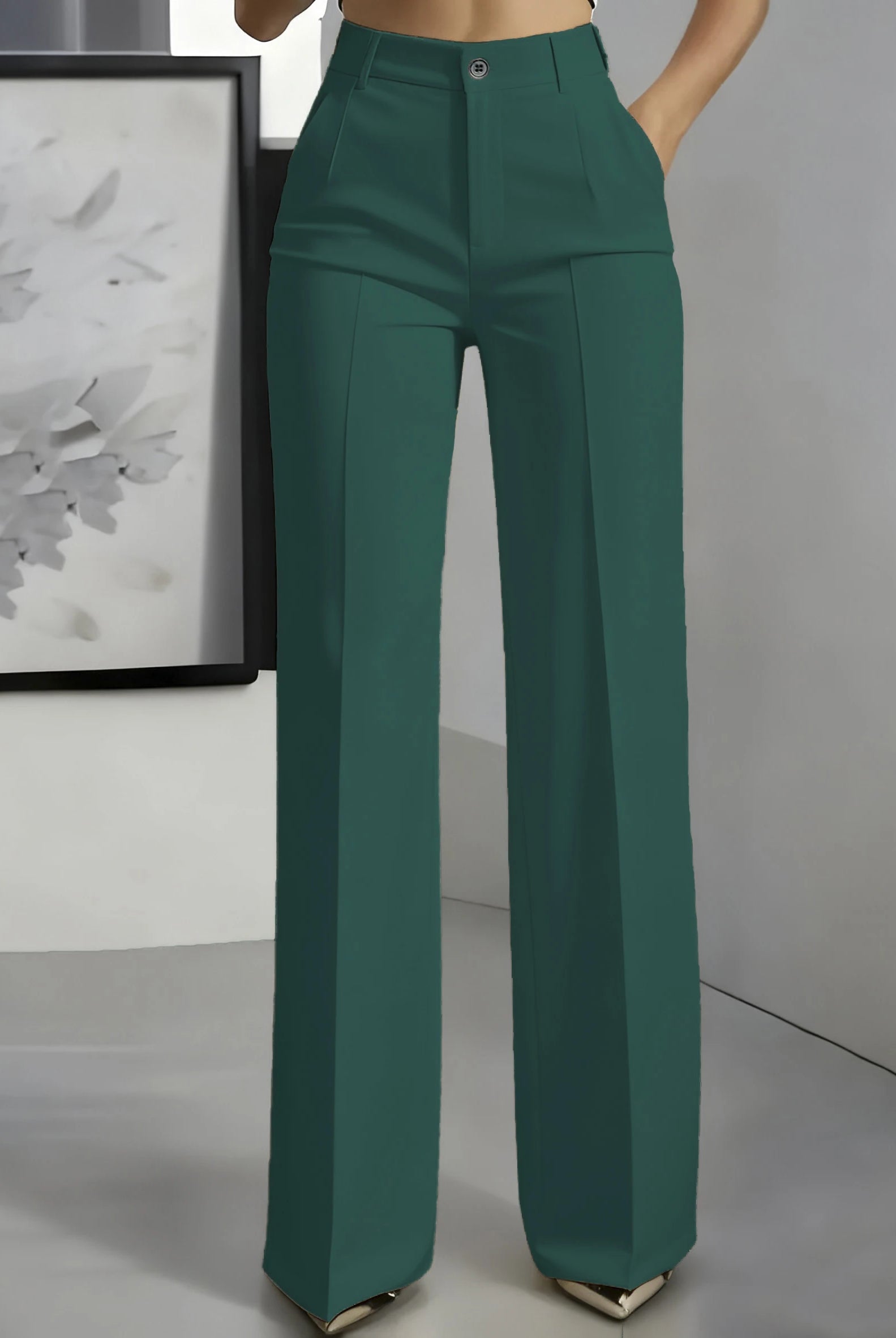New 2025 Women's High-Waisted Draped Straight-Cut Suit Pants in teal, made of smooth fabric, featuring a simple European American cross-border fashion style.