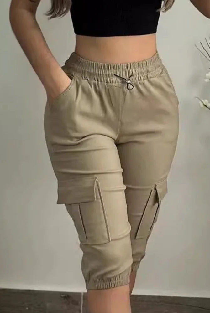Summer Women's Slim-Fit Capri Trousers Solid Color casual beige capri pants with multiple pockets, high waist, lace-up detail, and tight leg fit.