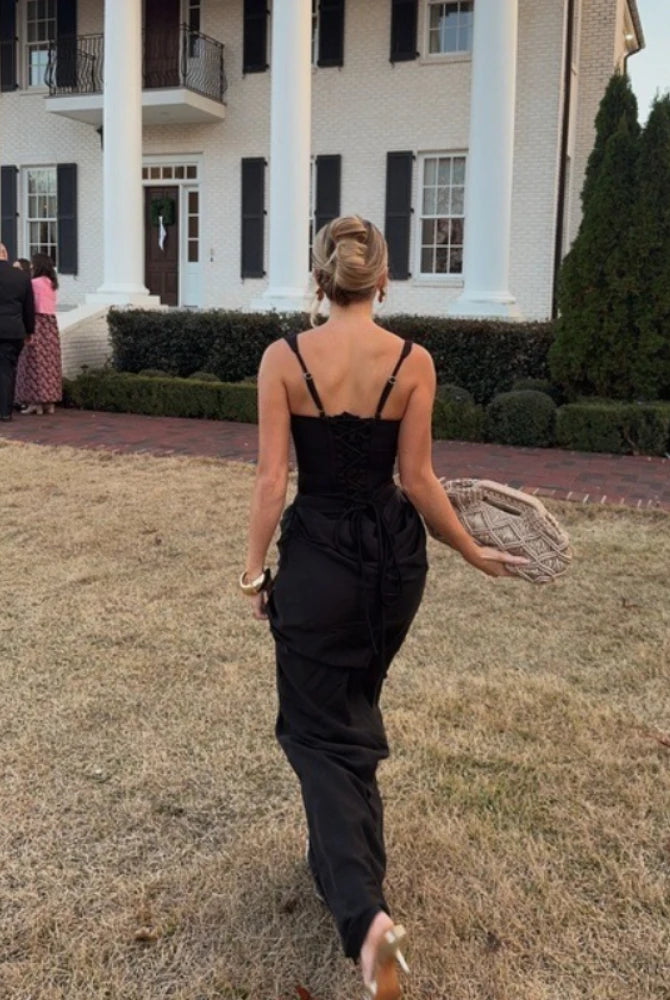Mingmingxi White Sexy Corset Maxi Dress for women, black evening gown with spaghetti straps, worn by woman walking on lawn