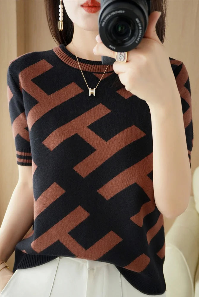 Women's short-sleeved summer knitwear T-shirt with geometric black and brown pattern, slim-fit, all-match style, product