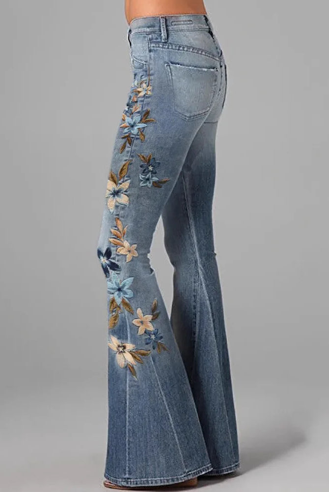 Womens 3D Printed Denim Flared Pants with floral embroidery, slim fit bell bottom jeans in light blue for casual daily outdoor fashion.