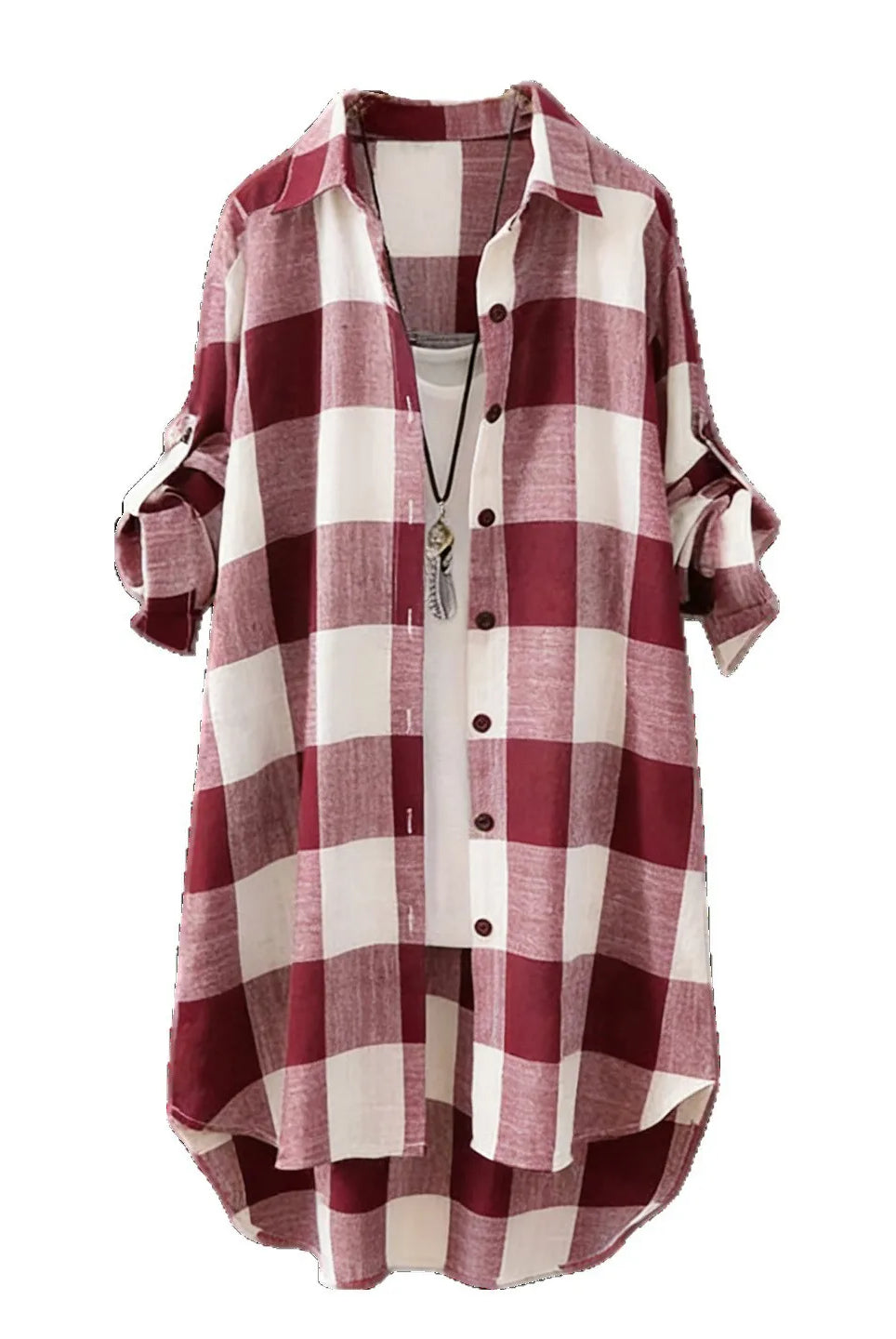 Women's plaid long sleeve casual blouse for women, check linen and cotton fabric, with button front and rolled-up sleeves.