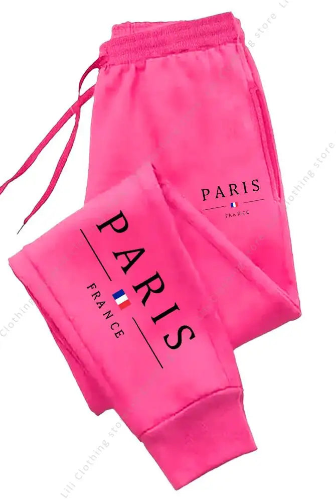 2025 New Hot Sale PARIS Jogger Pants for Women's Trousers in pink fleece material, high waist, casual sports style, autumn