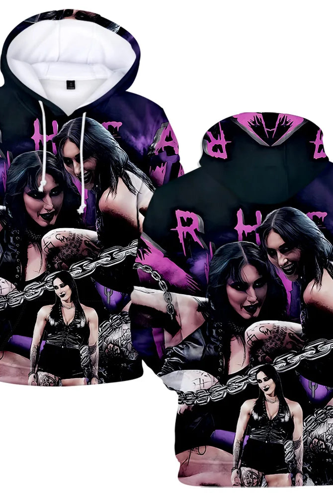 Rhea Ripley hoodie for women and men featuring gothic artwork with black, purple, and white colors, made of soft sweatshirt material.