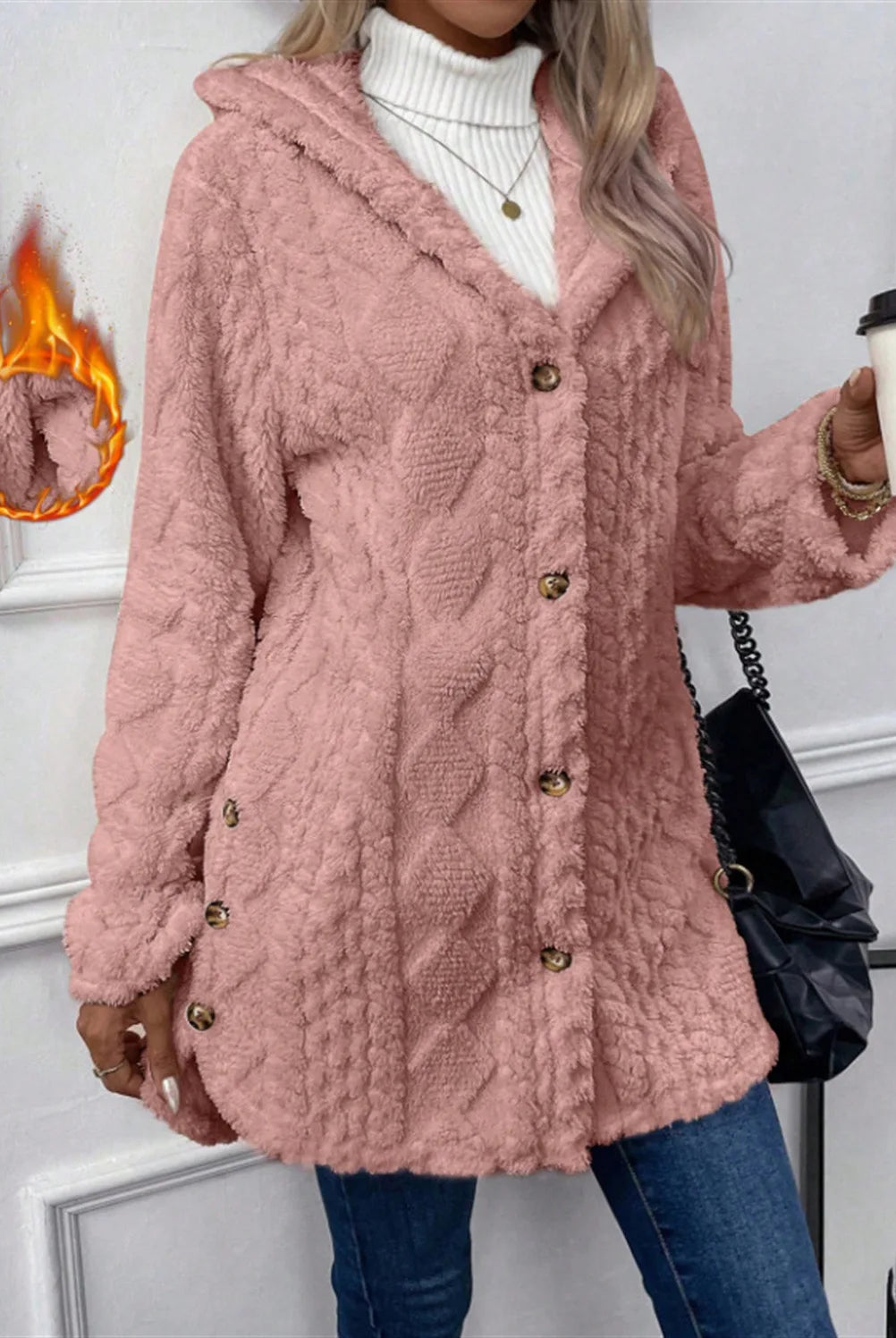 Women Cardigan Hoodie Jacket Autumn Winter Argyle Textured Pattern Fleece Outerwear with irregular hem, button closure, and