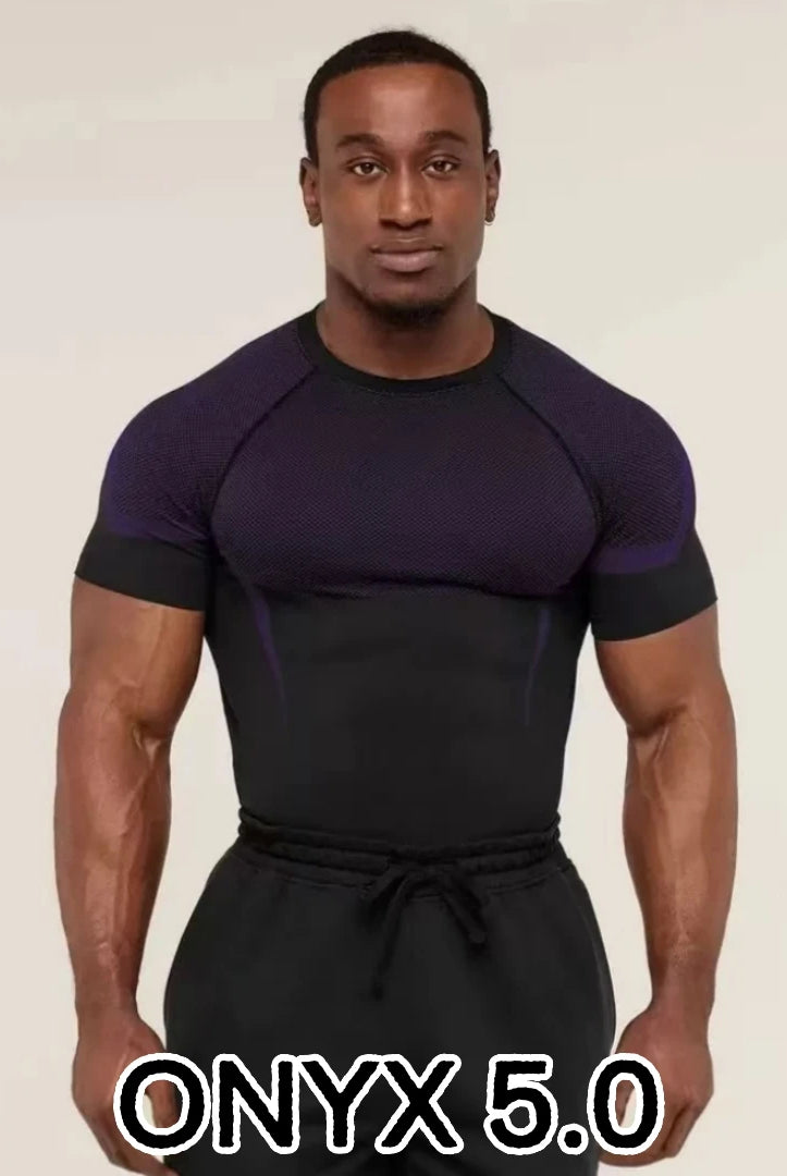 ONYX V5 Agate Fitness T-shirt with SHARK logo, black and purple, men's and women's short-sleeve elastic workout top.