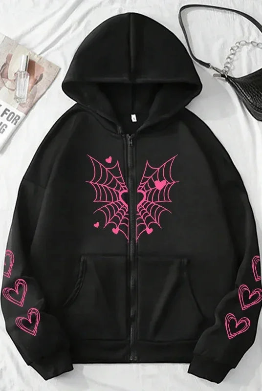 2025 Hot Sale Women's Hoodie with pink spider web and heart print, zip-up black sweatshirt for all-season casual urban wear
