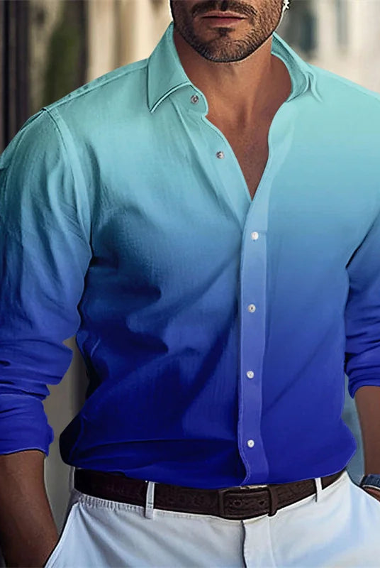 Men's casual shirt series in blue gradient with red, white, and black accents, made of soft fabric, suitable for autumn and winter, sizes S-5XL