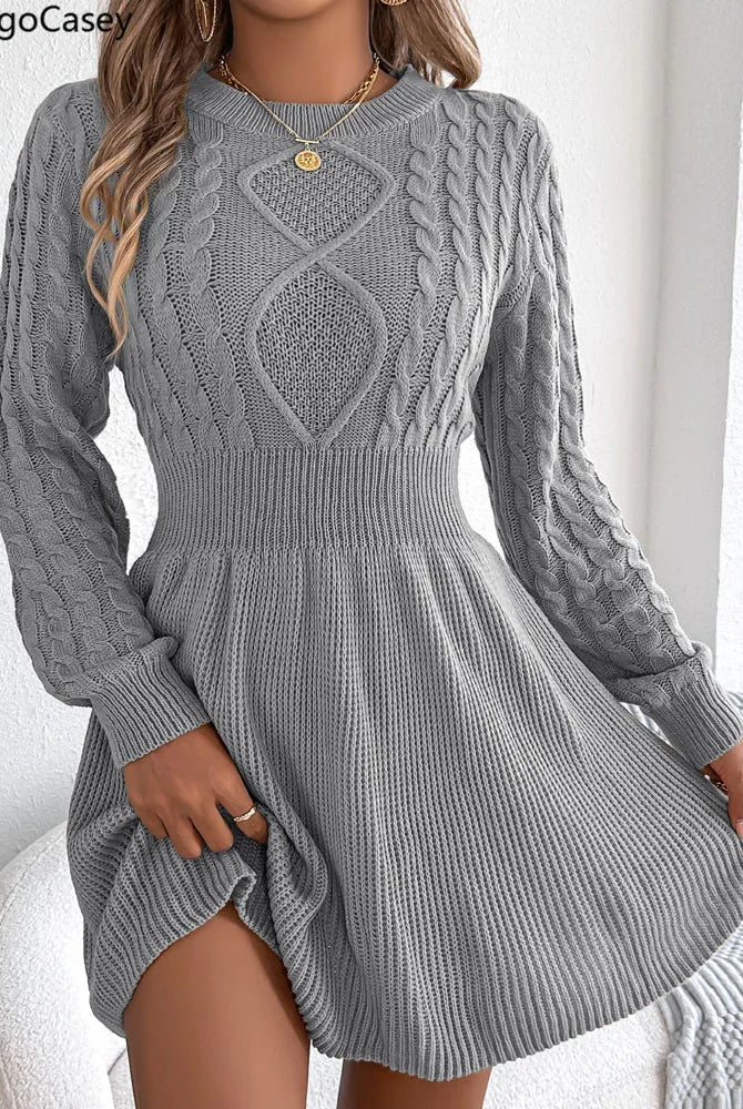 VigoCasey 2025 Grey O Neck Casual Knit Dress for women, long sleeve bodycon dress with cable knit pattern, suitable for