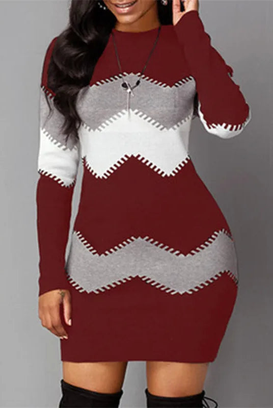Women elegant patchwork long sleeve warm dress 2022 autumn winter rib knit turtleneck sweater mini dress in red, gray, and