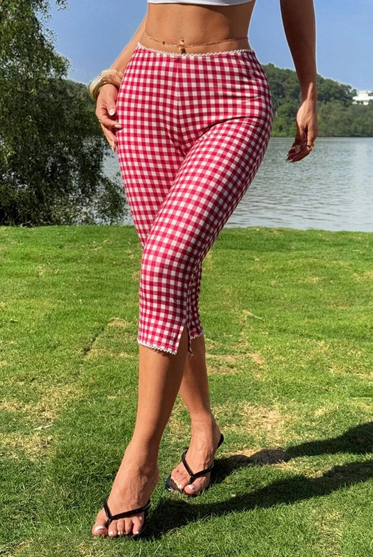 Women Women Capri Pants Elastic High Waist 3/4 Length Slim Fit Trousers with red and white plaid print, slit cropped legs