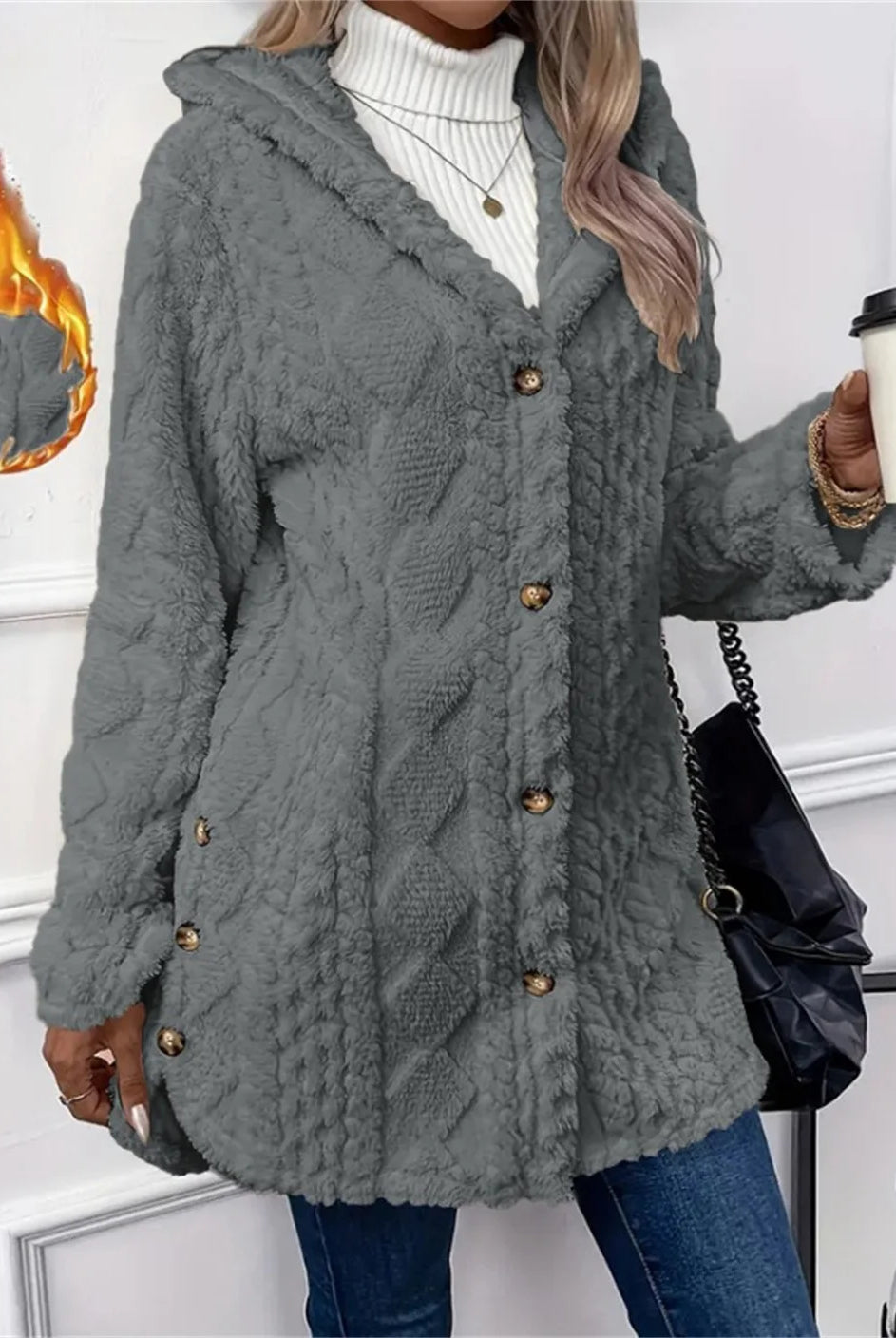 Women cardigan hoodie jacket with textured argyle pattern, oversized fleece, irregular hem, buttons, and hood for autumn and