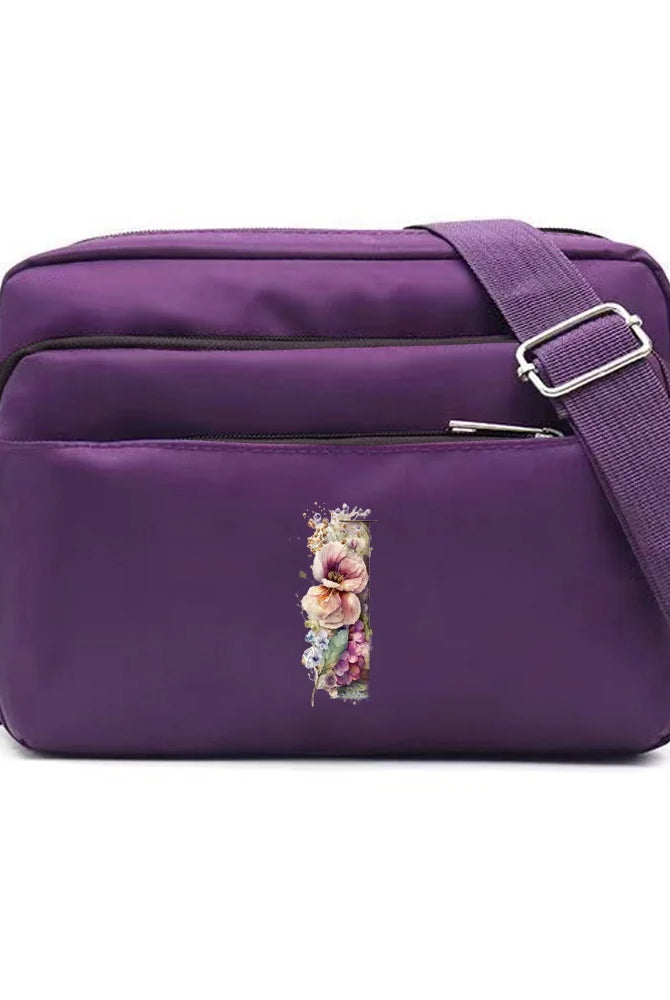 Leisure Purple One Shoulder Crossbody Bag with large capacity, floral letter series print, adjustable strap, made of durable
