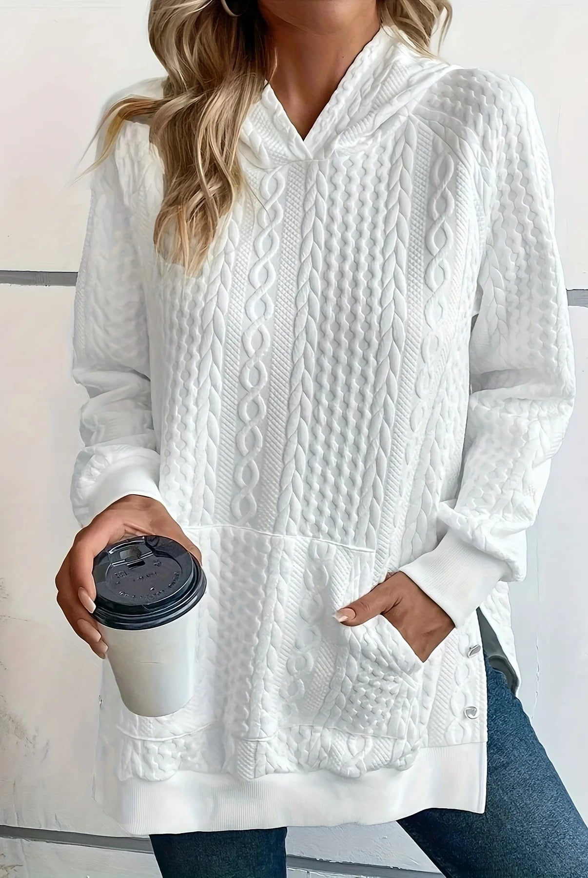 Plus Size Casual Sweatshirt Women's Plus Solid Cable Long Sleeve Button Hoodie With Pockets in white, worn by a woman holding a coffee cup.