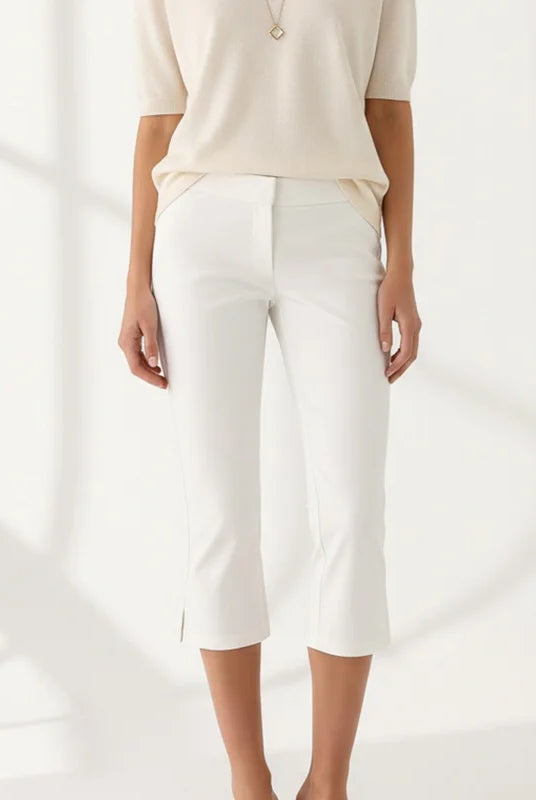 Women Summer Capri Pants Casual Low Waist Solid Color Cropped Trousers in white, slim fit, streetwear style, made of