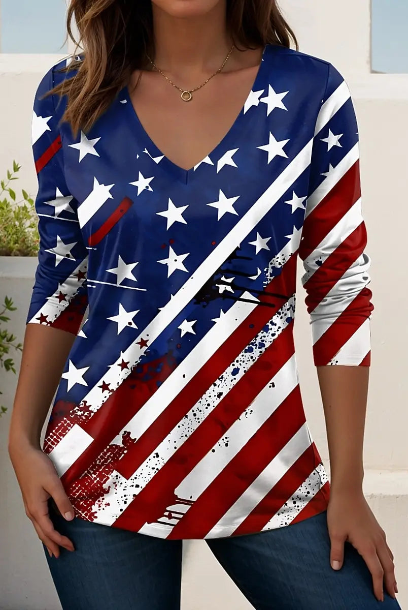 Vintage US Flag 250th anniversary pattern women's long sleeve summer T-shirt with 3D print, casual polyester top in red