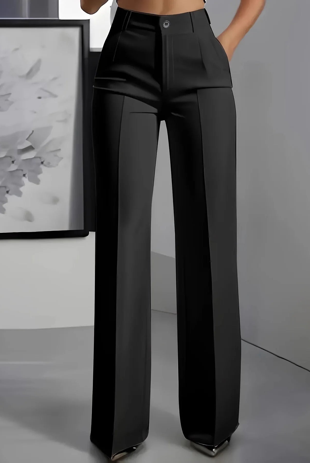 Women's High-Waisted Straight-Leg Trousers formal black slim-fit suit trousers with a classic solid color, tailored for office wear.