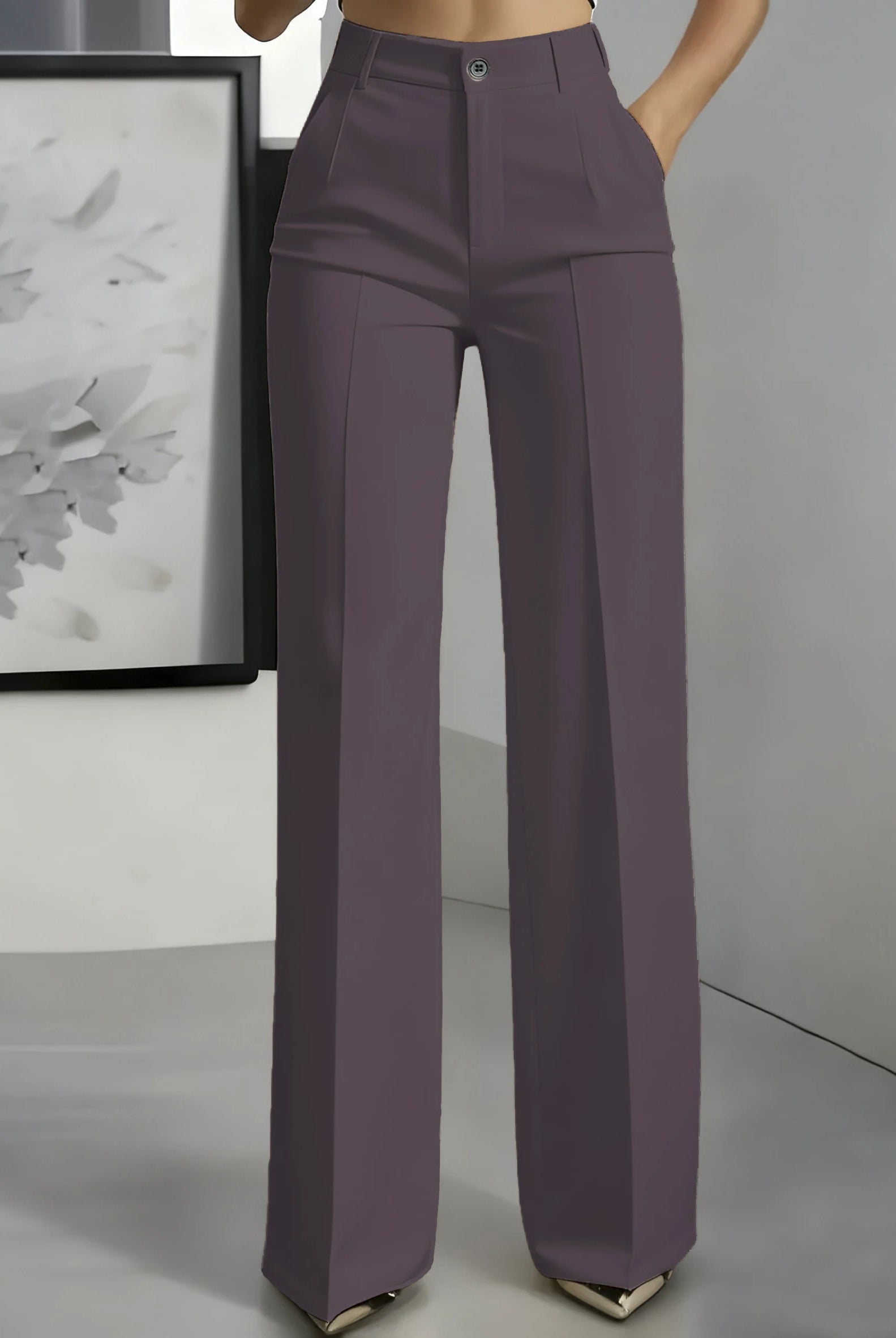 New 2025 Women's High-Waisted Draped Straight-Cut Suit Pants in purple, made of smooth fabric, suitable for formal or casual wear.