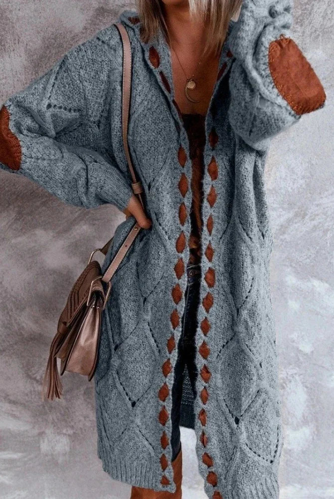 Vintage women oversized hooded long cardigan knitted sweater jumper with plaid pattern in brown, featuring elbow patches and