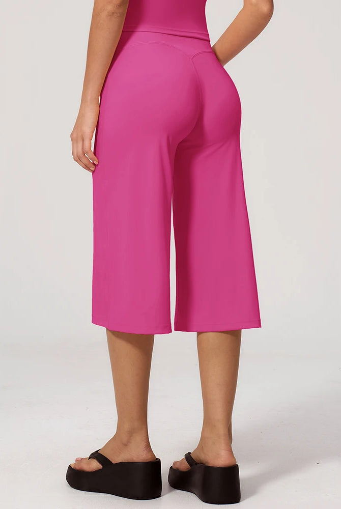 Summer Capri Pants for Women Wide Leg Yoga Cropped Pants Tummy Control High Waist in Flare Crop Butterly Soft Loose Casual Pants, pink color, cropped wide-leg style.